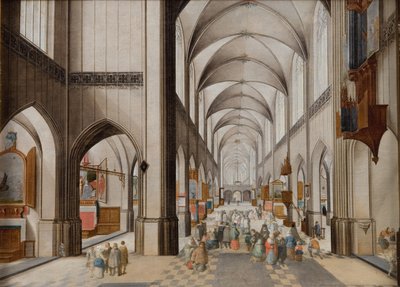 Interieur van een driebeukige gotische kerk tijdens een preek door Peeter Neeffs d.Æ.