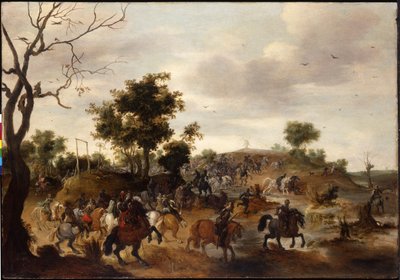 Landschap met een cavaleriegevecht, galg en een windmolen op de achtergrond door Peeter Snayers
