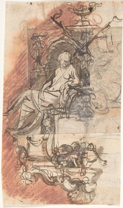 Ontwerp voor een Grafmonument met een Zittende Vrouwelijke Figuur door Peeter Verbrugghen II