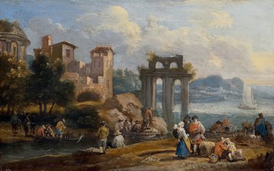 Figuren in een landschap rustend bij een ruïne door Peeter or Pieter Bout