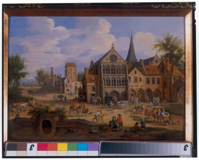 Stadstafereel met boeren die kegelen voor een kerk door Peeter or Pieter Bout