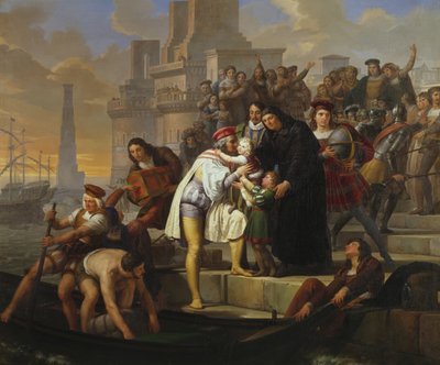 Christoffel Columbus omhelst zijn twee zonen en beveelt hen aan bij Vader Giovanni Perez voor vertrek uit Palos om Amerika te ontdekken door Pelagio Palagi