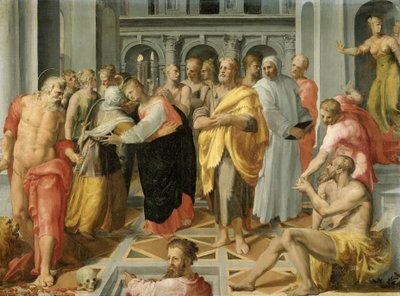 Visitatie (ontmoeting van Maria en Elizabeth in aanwezigheid van de heiligen Jozef en Hiëronymus) door Pellegrino Tibaldi (circle of)