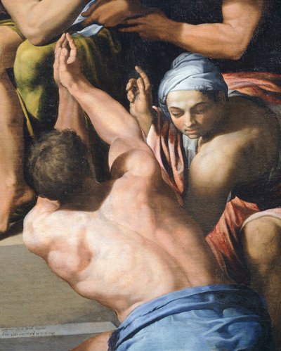Man met ontbloot bovenlijf, detail van Aanbidding van het Kind door Pellegrino Tibaldi