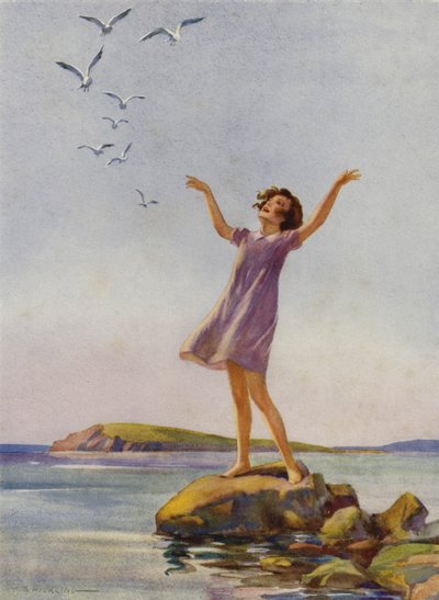 Meisje geniet van de zon aan zee door Percy Bell Hickling