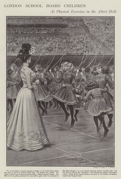 Kinderen van de London School Board bij gymnastiek in de Albert Hall door Percy F.S. (after) Spence