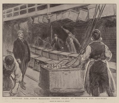 Het klaarmaken van de veldhospitaalvoorraden in Woolwich voor verzending door Percy F.S. Spence