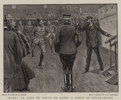 Schiet op, jongens, anders komen jullie te laat, een scène in Southampton door Percy F.S. Spence