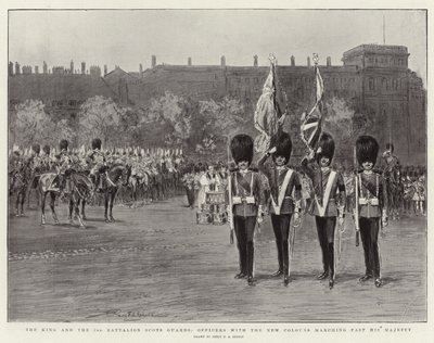 De koning en het 3e bataljon Scots Guards, officieren met de nieuwe kleuren marcheren langs Zijne Majesteit door Percy F.S. Spence