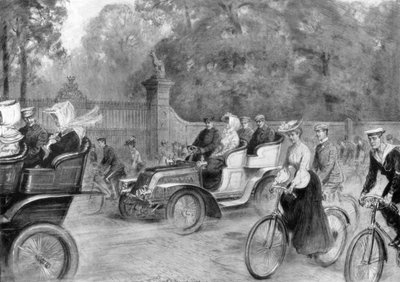 Motoren en fietsen in Kensington High Street, Londen, 1903 door Percy F.S. Spence