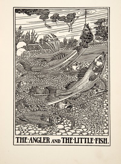 De Visser en het Kleine Visje, uit Honderd Fabels van Aesopus, uitgegeven 1903 (gravure) door Percy J. Billingshurst