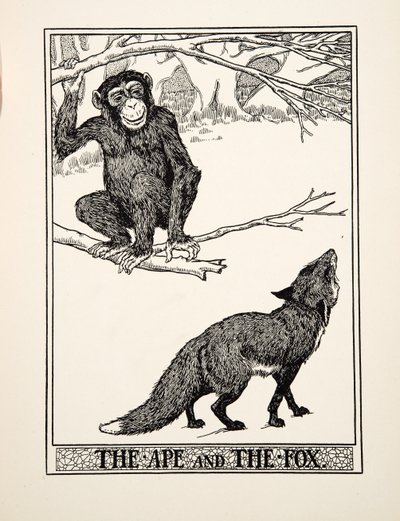 De aap en de vos, uit A Hundred Fables of Aesop, uitgegeven 1903 (gravure) door Percy J. Billingshurst
