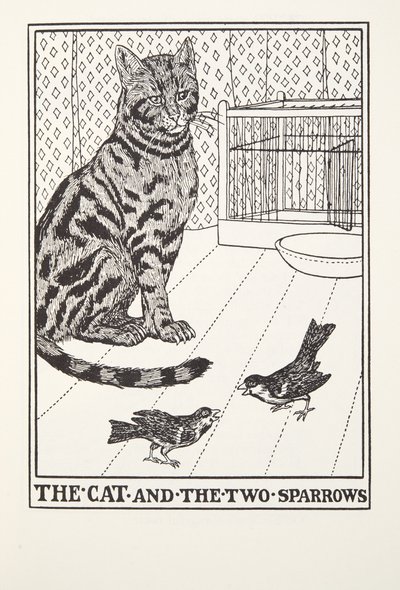 De Kat en de Twee Mussen, uit Fontaine Fabels, uitgegeven 1905 door Percy J. Billingshurst