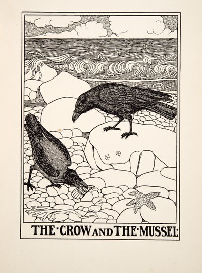 De kraai en de mossel, uit Honderd fabels van Aesopus door Percy J. Billingshurst