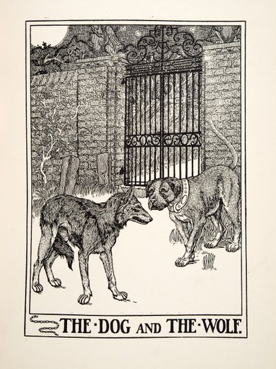 De Hond en de Wolf, uit Honderd Fabels van Aesopus, uitgegeven 1903 (gravure) door Percy J. Billingshurst
