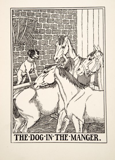 De hond in de kribbe, uit Honderd fabels van Aesopus door Percy J. Billingshurst