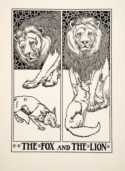 De vos en de leeuw, uit Honderd fabels van Aesopus, pub. 1903 door Percy J. Billingshurst