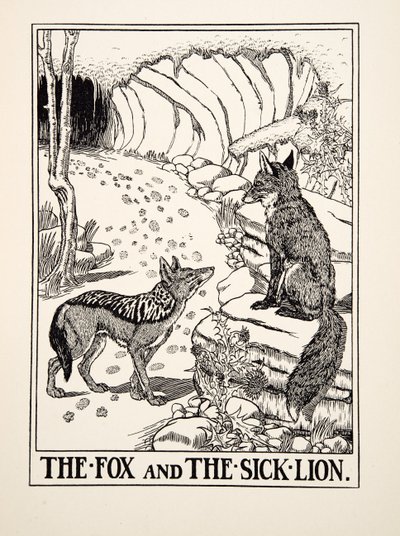 De Vos en de Zieke Leeuw, uit Honderd Fabels van Aesopus, uitgegeven 1903 (gravure) door Percy J. Billingshurst