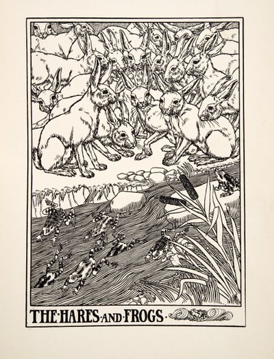 De hazen en de kikkers, uit Honderd fabels van Aesopus door Percy J. Billingshurst