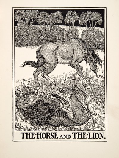 Het paard en de leeuw, uit Honderd fabels van Aesopus door Percy J. Billingshurst