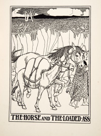 Het paard en de beladen ezel, uit A Hundred Fables of Aesop, uitgegeven 1903 (gravure) door Percy J. Billingshurst