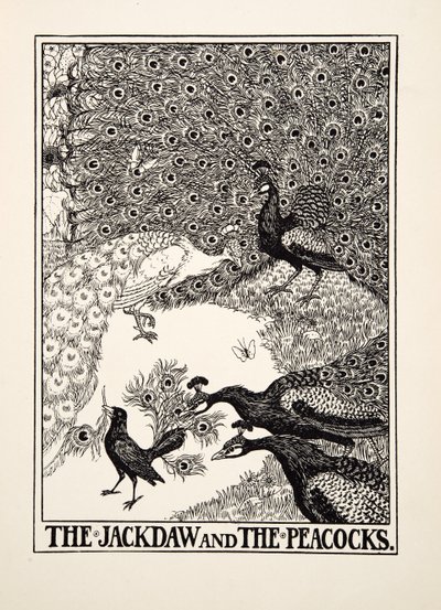 De kauw en de pauwen, uit Honderd fabels van Aesopus door Percy J. Billingshurst