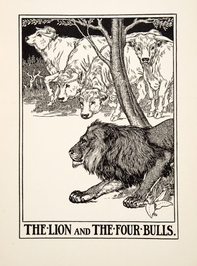 De leeuw en de vier stieren, uit Honderd fabels van Aesopus, uitgegeven 1903 door Percy J. Billingshurst