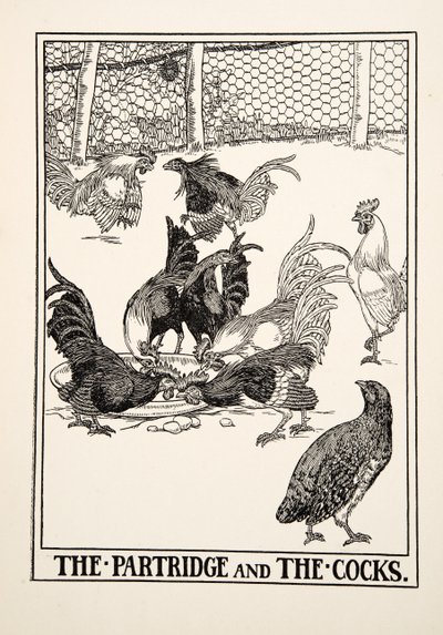 De patrijs en de hanen, uit Honderd fabels van Aesopus door Percy J. Billingshurst