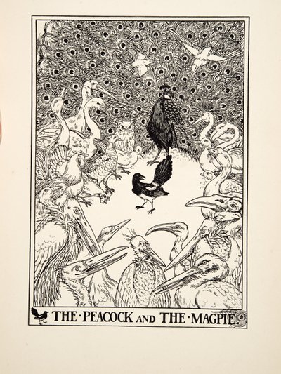 De pauw en de ekster, uit A Hundred Fables of Aesop, uitgegeven 1903 (gravure) door Percy J. Billingshurst