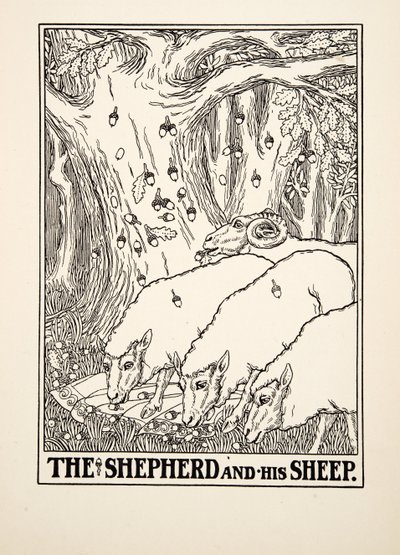 De herder en zijn schapen, uit Honderd fabels van Aesopus, pub. 1903 door Percy J. Billingshurst