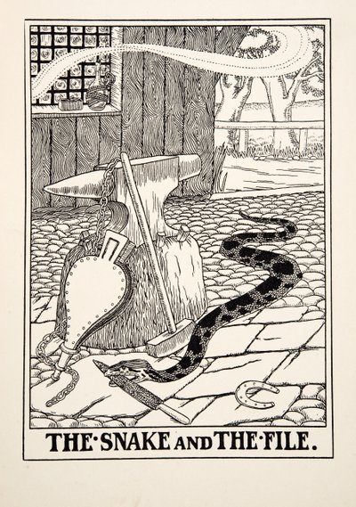 De Slang en de Vijl, uit Honderd Fabels van Aesopus, uitgegeven 1903 (gravure) door Percy J. Billingshurst
