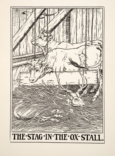 Het Hert in de Osstal, uit Honderd Fabels van Aesopus, uitgegeven 1903 (gravure) door Percy J. Billingshurst