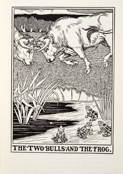 De twee stieren en de kikker, uit Fontaine Fabels, uitgegeven 1905 door Percy J. Billingshurst