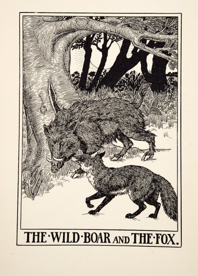 Het wilde zwijn en de vos, uit Honderd fabels van Aesopus, pub. 1903 door Percy J. Billingshurst
