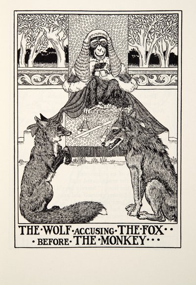 De Wolf Beschuldigt de Vos voor de Aap, uit Fontaine Fabels, uitgegeven 1905 door Percy J. Billingshurst