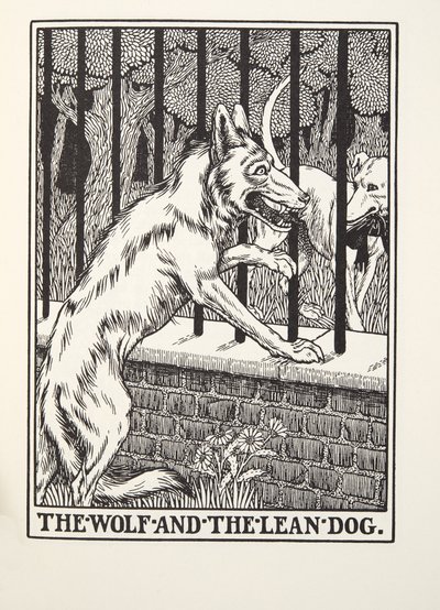 De wolf en de magere hond, uit Fontaine Fabels, uitgegeven 1905 (gravure) door Percy J. Billingshurst