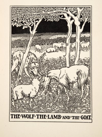De Wolf, het Lam en de Geit, uit Honderd Fabels van Aesopus, uitgegeven 1903 (gravure) door Percy J. Billingshurst
