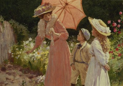Een Dame met een Parasol die laat zien hoe je een Aardbeienvat maakt door Percy Tarrant