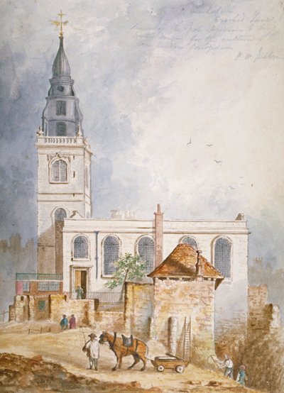 Uitzicht op de kerk van St. Michael, Crooked Lane, City of London door Percy William Justyne