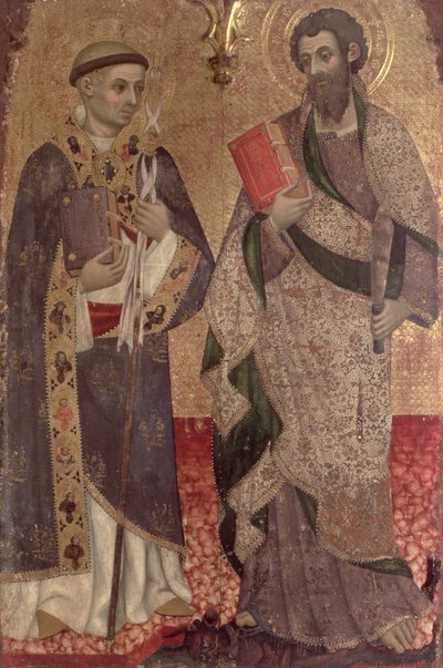 Detail van St. Bartholomeus en St. Bernardus van Clairvaux van het Altaarstuk van het Klooster van St. Dominic van Manresa door Pere Serra