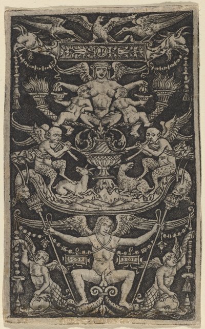 Paneel van ornament met een satyresse die twee kinderen voedt door Peregrino da Cesena