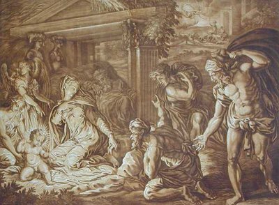De Aanbidding der Herders, gegraveerd door Elishah Kirkhall door Perino del Vaga