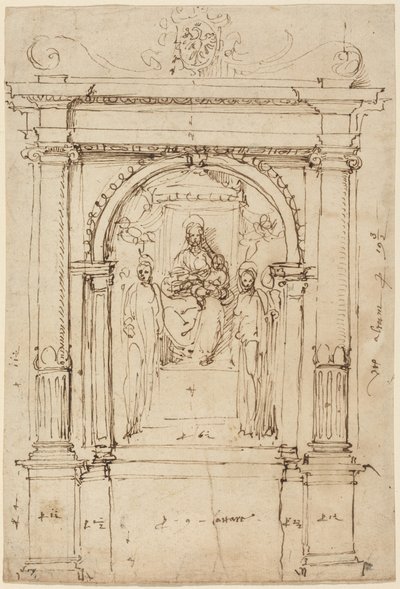 Altaarstuk van de Madonna met kind en heiligen, in zijn architecturale omgeving door Perino del (1501-47) Vaga