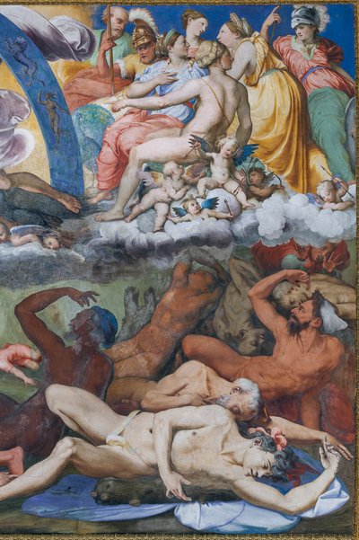 Zeus die de rebellerende reuzen neerslaat (de val van de reuzen) in de Hal van Jupiter door Perino del Vaga