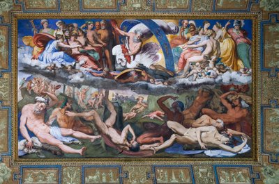 Zeus die de rebellerende reuzen treft (de val van de reuzen) in de Hal van Jupiter door Perino del Vaga