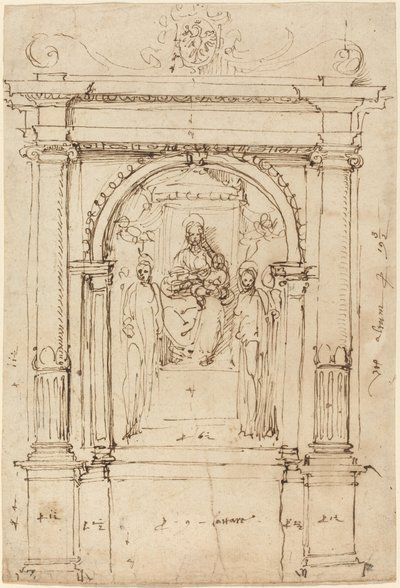 Altaarstuk van de Madonna en Kind met heiligen, in zijn architectonische setting door Perino del Vaga