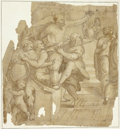 Fragment van een compositie met gebarende mensen en paarden op de achtergrond door Perino del Vaga