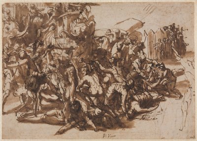 Poros aangevallen door het Macedonische leger recto, schetsen van dieren verso, c. 1545-47 door Perino del Vaga
