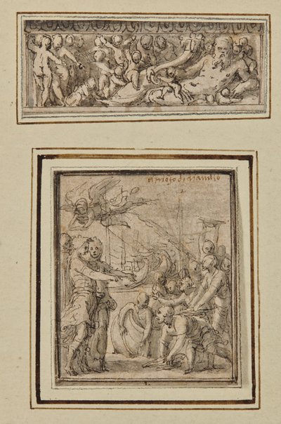 Riviergod omringd door Putti; en Triomf van Marcus Furius Camillus door Perino del Vaga