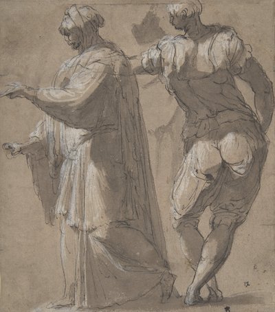 Twee staande mannelijke figuren, 1501-47 door Perino del Vaga
